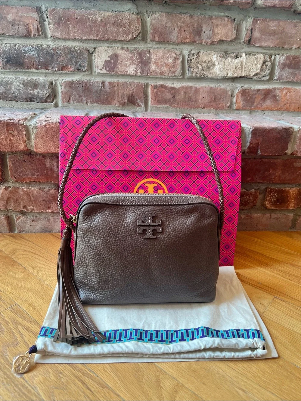 Tory Burch Brown Taupe Silver Maple Taylor Camera Crossbody Shoulder Bag